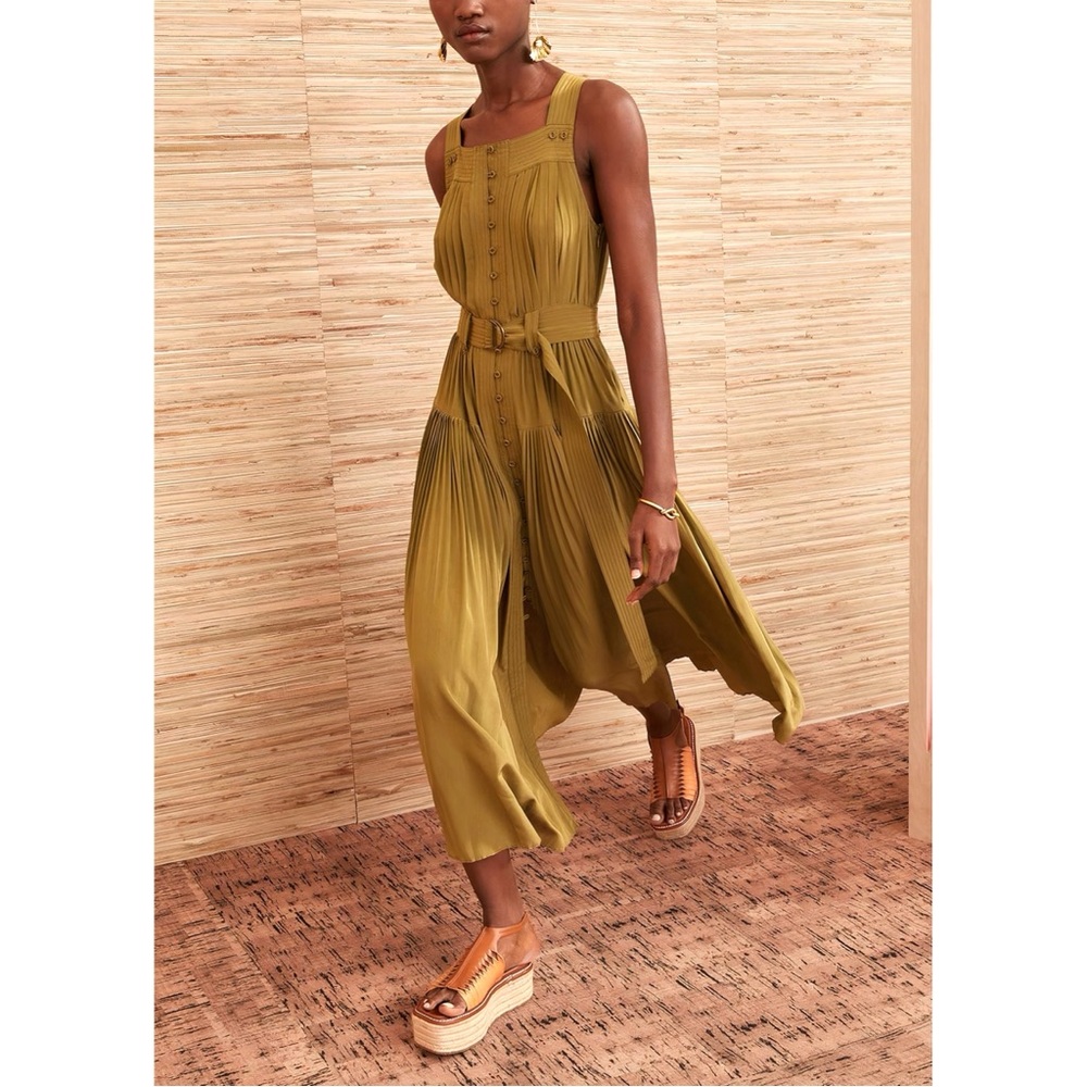 Ulla Johnson Midi Silk Green Sleeveless Dioni Button-Front Dress